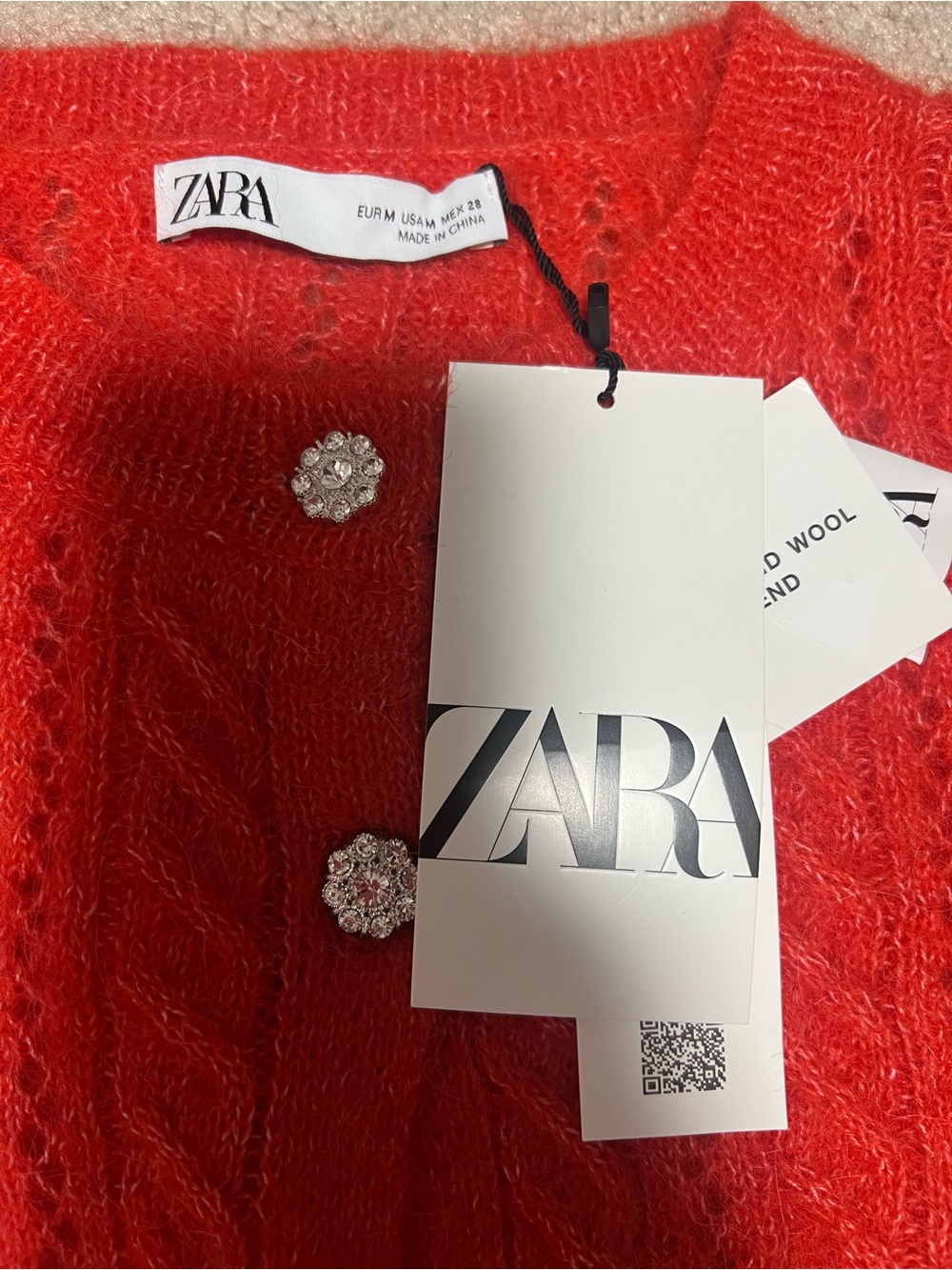 NWT Zara Red Alpaca Wool Blend Crop Cardigan Rhinestone Buttons Sz M - Picture 7 of 8